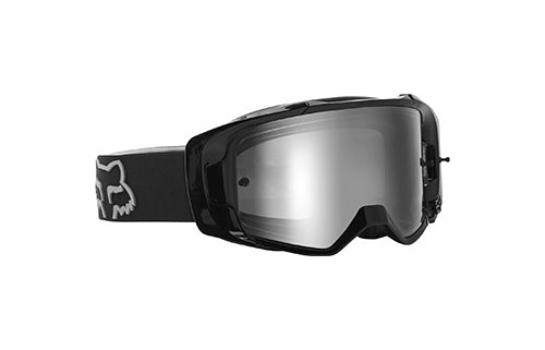 Schwarze Schutzbrille mit klarem Visier, geeignet für Motorsport oder Outdoor-Aktivitäten, schwarzes Band mit Fuchs-Logo.