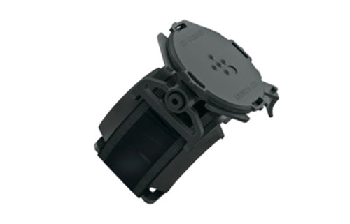 Schwarze, verstellbare Handyhalterung für Lenkstangen. Ideal für Fahrräder und Motorräder. Robustes Kunststoffmaterial.