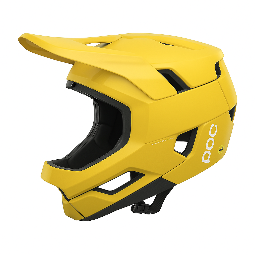 Gelber POC Fullface-Helm für Mountainbiker, Modell mit integriertem Kinnschutz und Belüftungsschlitzen.
