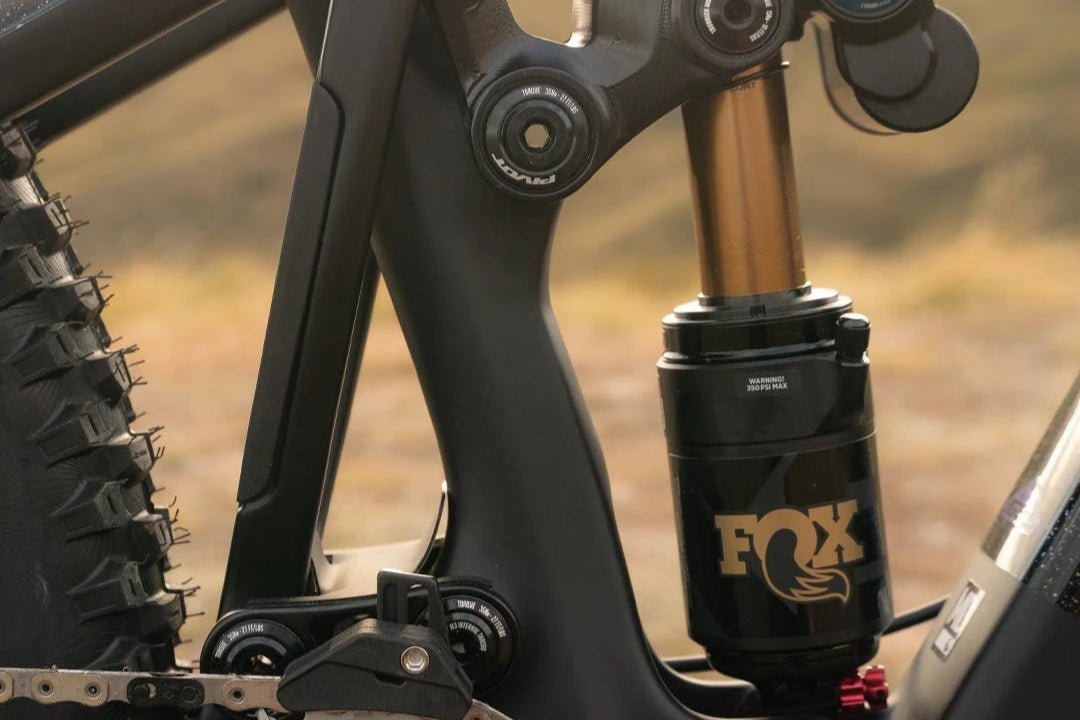 Mountainbike-Federungssystem von Fox, seitlich aufgenommen. Geeignet für Offroad-Biking, Detailansicht der Aufhängung.