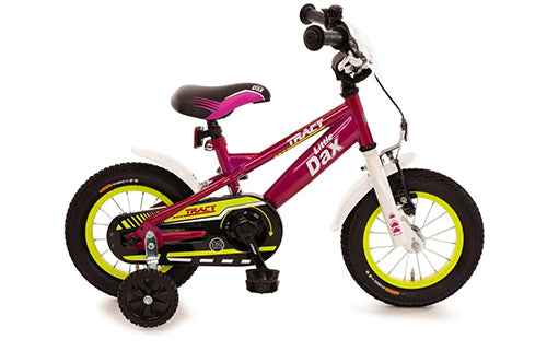 Kinderfahrrad von Trace, Modell Dax, 14 Zoll, pink mit gelben Akzenten, inklusive Stützräder und Fahrradklingel.