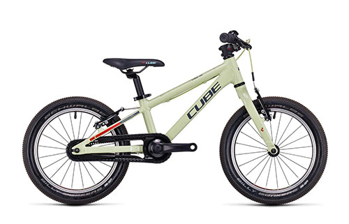 Kinderfahrrad Cube 16 Zoll in hellem Grün, geeignet für junge Radfahrer.