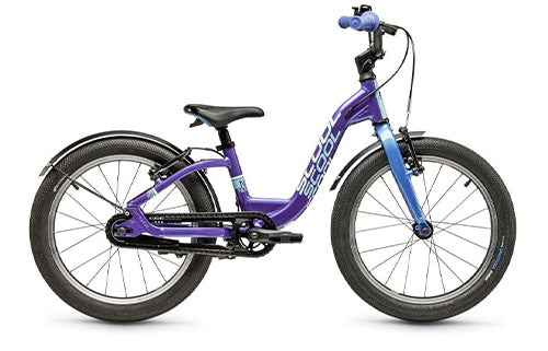 Lila-blaues Kinderfahrrad mit 18-Zoll-Rädern für junge Fahrer.