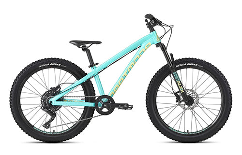 Kinderfahrrad mit 24-Zoll-Rädern, türkisfarbenem Rahmen, Scheibenbremsen und Stabilreifen für Geländefahrten.