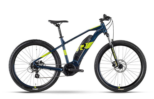 Blau-gelbes E-Bike mit 26-Zoll-Rädern, robustem Rahmen und Scheibenbremsen, geeignet für Offroad-Fahrten.