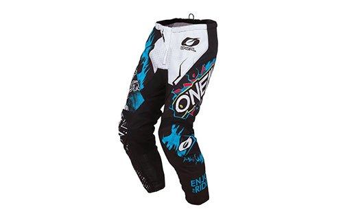 Bunte Kinder-Motocross-Hose von Oneal, schwarz mit blau-weißen Grafiken, für junge Motorsport-Enthusiasten.