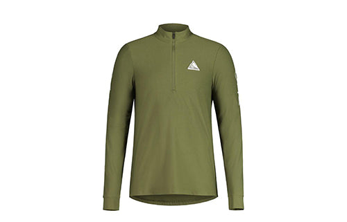 Olives grünes Langarmtrikot mit Reißverschluss und Logo auf der Brust, geeignet für sportliche Aktivitäten.