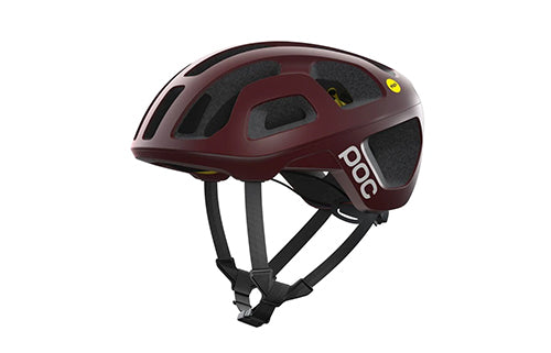 Bordeauxroter POC Fahrradhelm mit Belüftungsschlitzen für den Mountainbike-Einsatz.