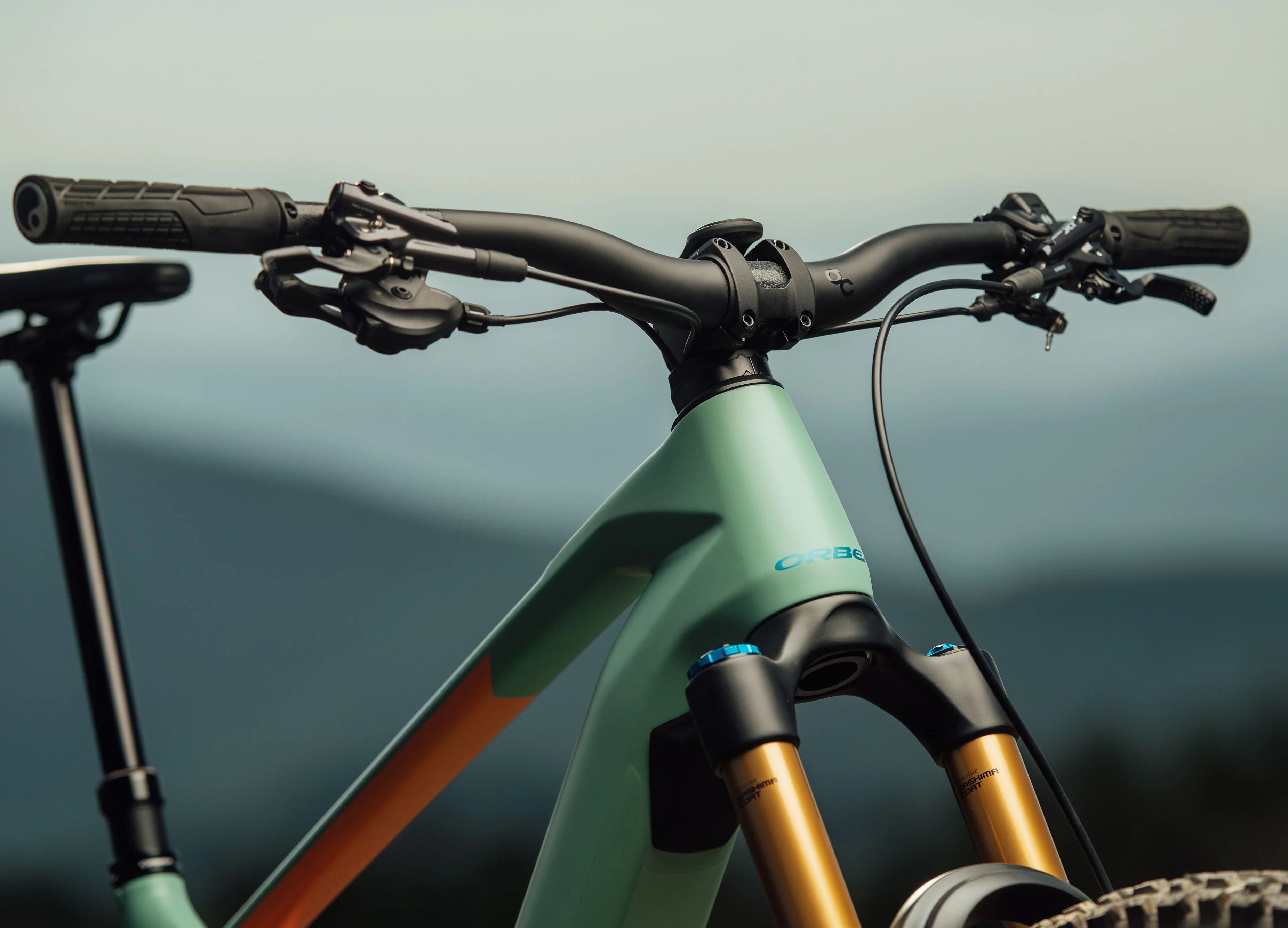 Nahaufnahme eines Orbea Wild E-Mountainbike-Lenkers und -Rahmens vor unscharfem Hintergrund.