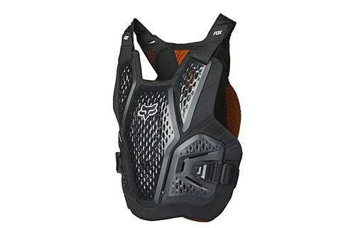 Schwarzer Fox Oberkörperprotektor für Fahrradfahrer, ergonomisches Design mit Lüftungsschlitzen, ideal für den Off-Road-Einsatz.