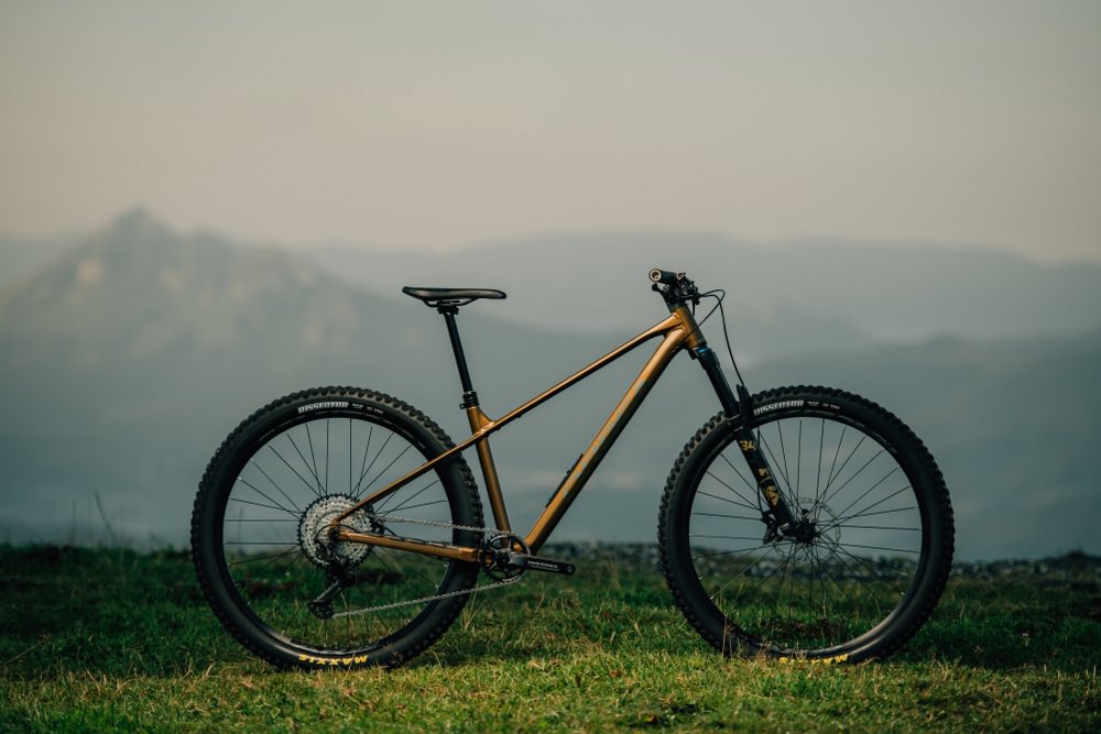 Goldenes Mountainbike auf einer Wiese vor Berglandschaft, geeignet für Offroad-Abenteuer.