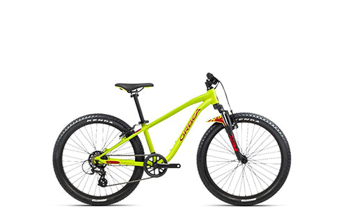 Kinder-Mountainbike Orbea MX Junior in leuchtendem Gelb mit schwarzem Sattel und Federgabel, ideal für junge Radfahrer.