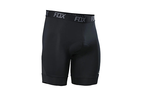 Schwarze Fox-Radhose mit Polsterung, ideal für Radfahrer; elastischer Bund mit Fox-Logo.