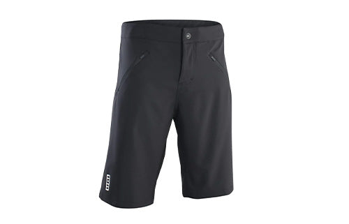 Schwarze Fahrradhose für Herren von ION, knielang mit Taschen und Knopfverschluss, geeignet für Radsportaktivitäten.