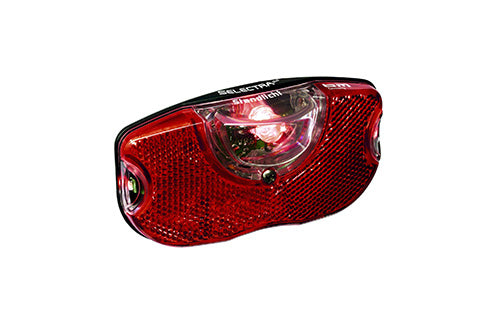 Rote Fahrrad-Rückleuchte und Reflektor von Electra, Modell Townie; geeignet für bessere Sichtbarkeit im Straßenverkehr.