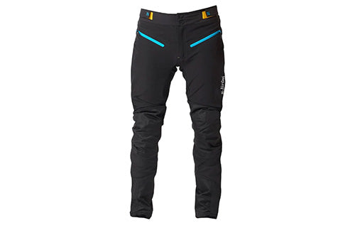 Schwarze Regenhose mit blauen Akzenten, ideal für Outdoor-Aktivitäten, elastische Bündchen, Unisex-Design.