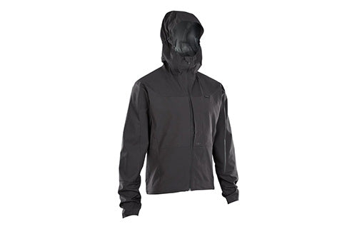 Schwarze Regenjacke mit Kapuze, ideal für Outdoor-Aktivitäten. Marke und Modell nicht erkennbar.