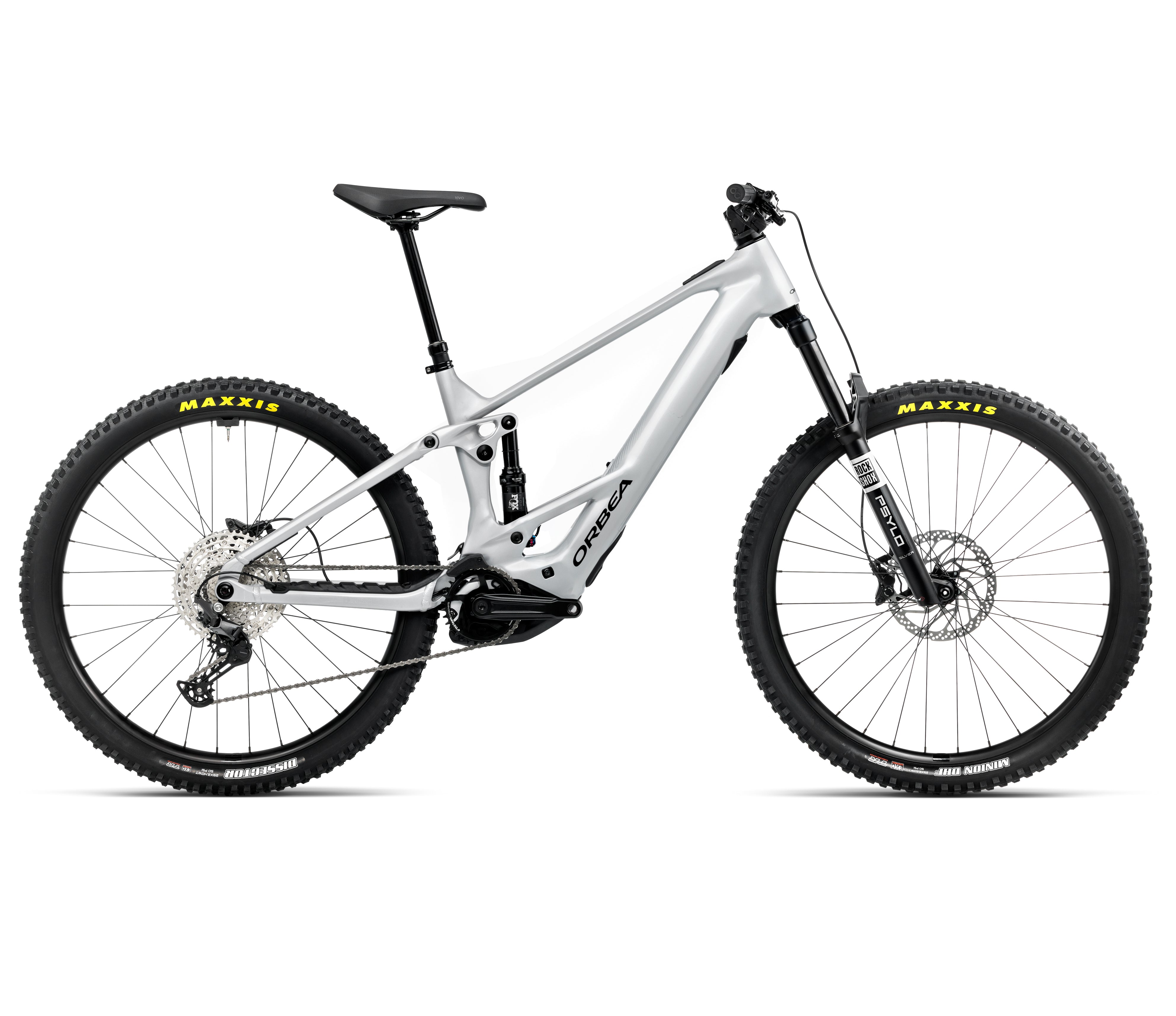 E-Mountainbike Orbea Wild in Silber, robustes Design mit Federgabel. Ideal für Offroad-Touren und sportliche Fahrer.
