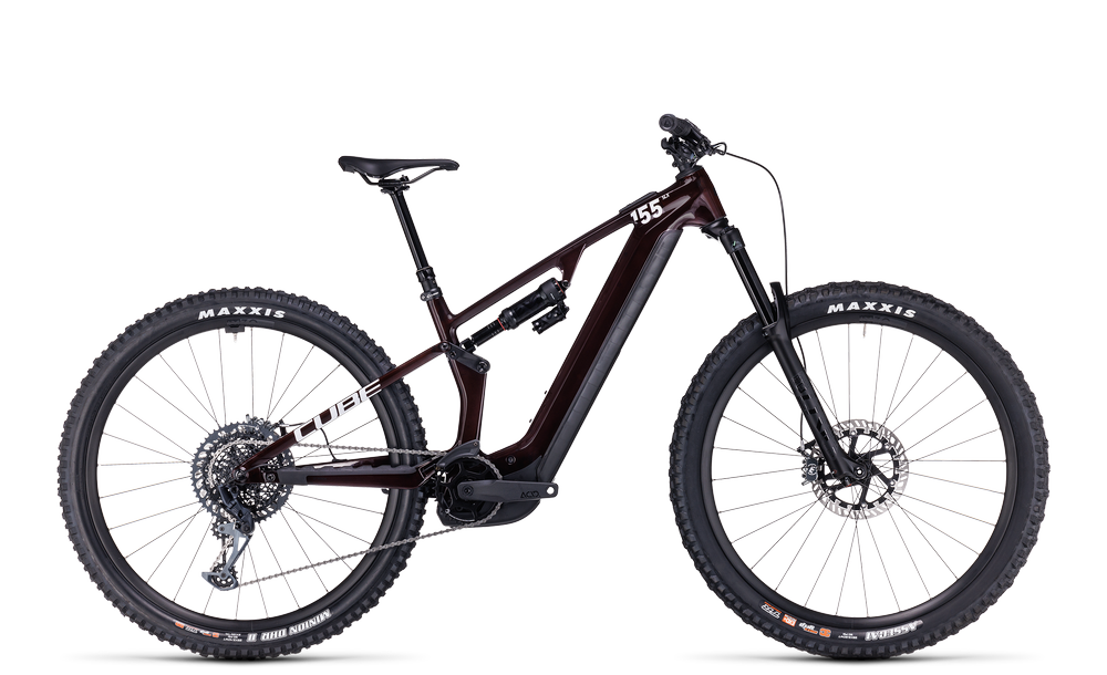 Cube Stereo Hybrid One44 Mountainbike, dunkel, mit robusten Maxxis-Reifen, ideal fürs Gelände, Modell 155 mm Federweg.