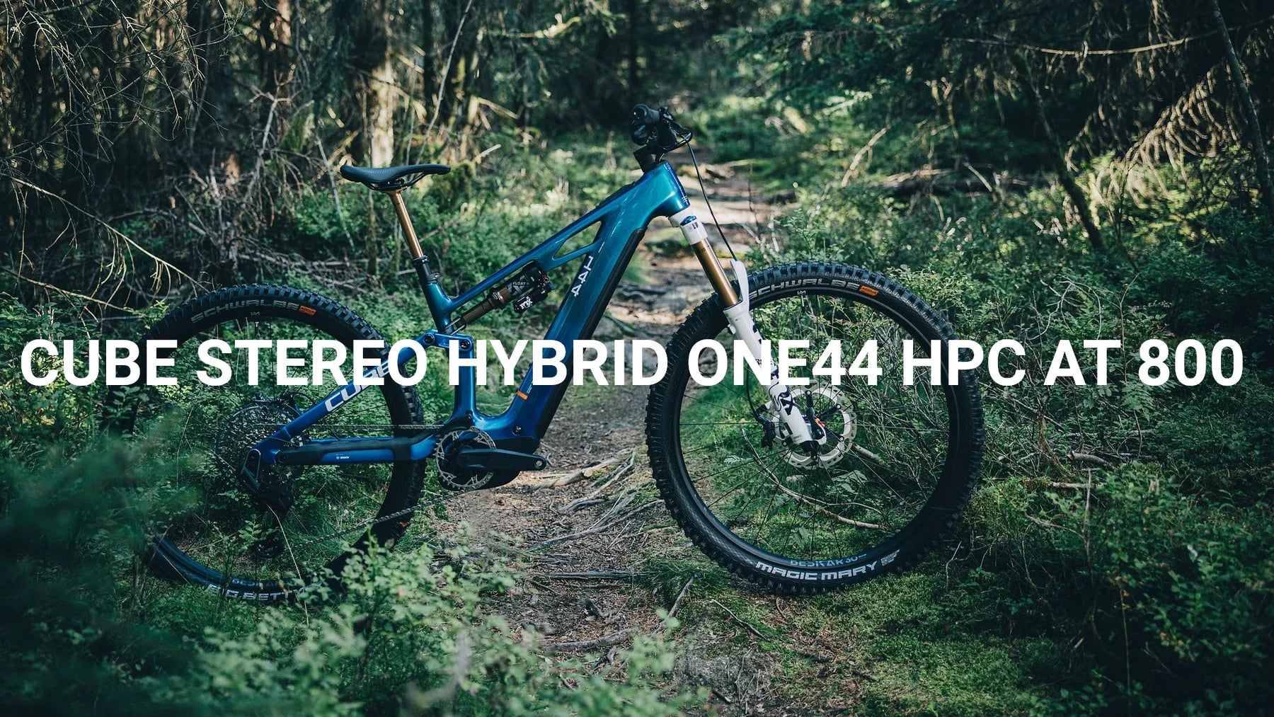 CUBE Stereo Hybrid One44 HPC AT 800 E-Mountainbike in einem Waldpfad, geeignet für Offroad-Abenteuer.