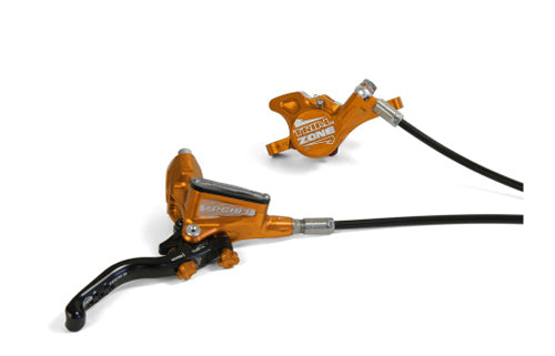 Orange Scheibenbremsen-Set für Fahrräder, inkl. Bremshebel und Zange, geeignet für Mountainbiking.