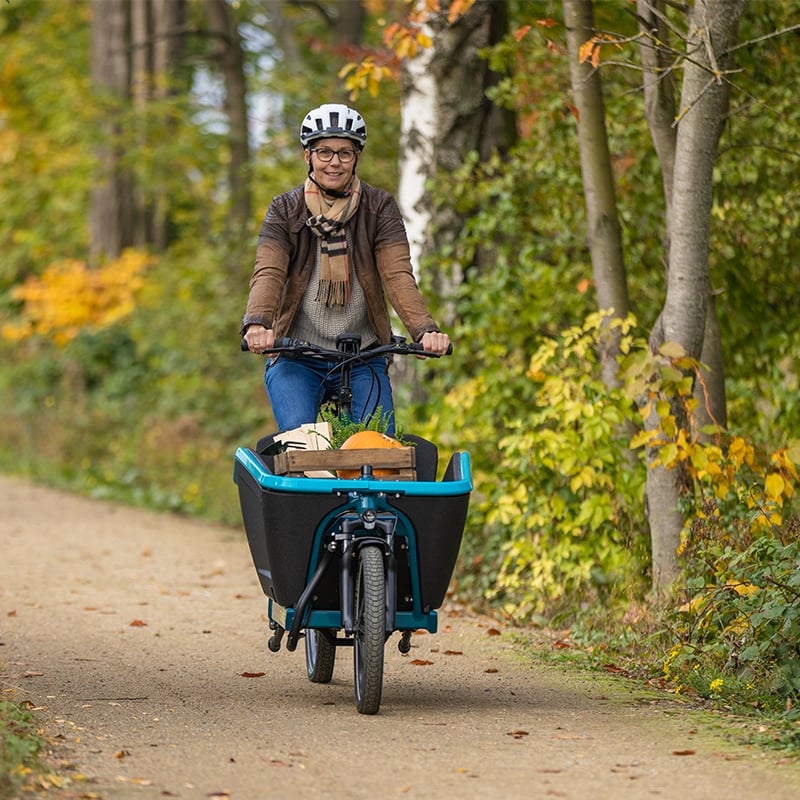 Person fährt mit Cube Cargo Hybrid Lastenrad auf einem Waldweg.