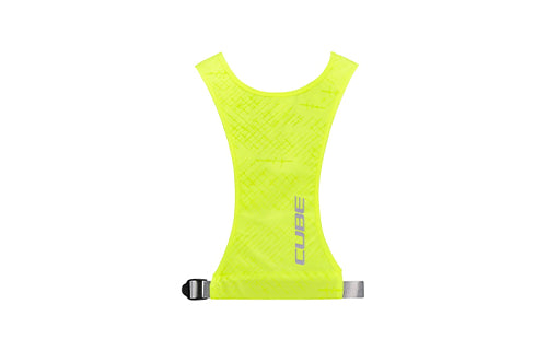 Neongelbe Sicherheitsweste von CUBE mit reflektierender Schrift, ideal für Radfahrer.