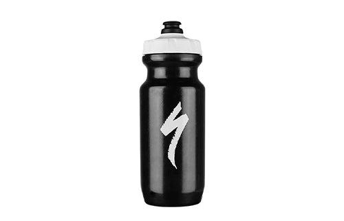 Schwarze Specialized Trinkflasche mit weißem Deckel und S-Logo, ideal für Radsportler und Outdoor-Aktivitäten.