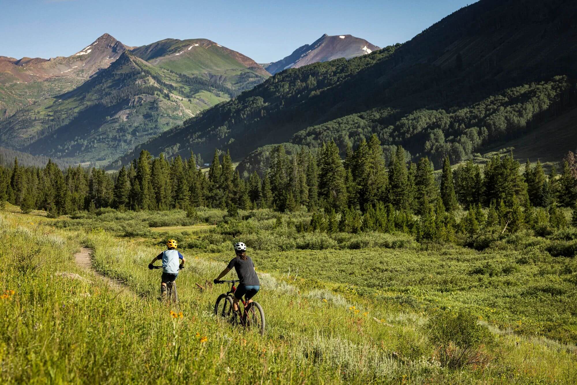 Zwei Radfahrer mit Helmen auf Trek-Hardtail-Mountainbikes auf einem Waldweg vor malerischen Bergen.