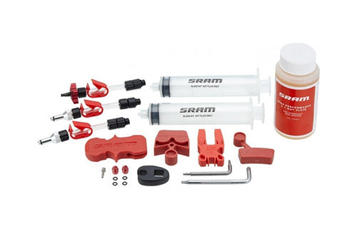 SRAM Entlüftungskit für Fahrradbremse, bestehend aus Spritzen, Flüssigkeit, Adaptern und Werkzeug. Ideal für Bike-Wartung.