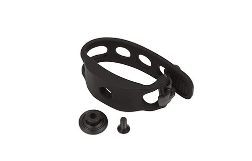 Schwarzer Gummihalter mit Zubehörteilen für Fahrradbeleuchtung, ideal zur einfachen Befestigung am Lenker.