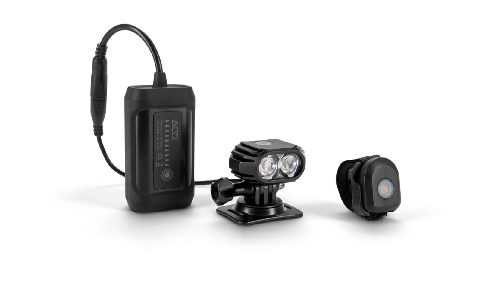 Fahrradlicht-Set von Acid mit Akku, LED-Leuchte und Halterung für sicheres Radfahren bei Dunkelheit.
