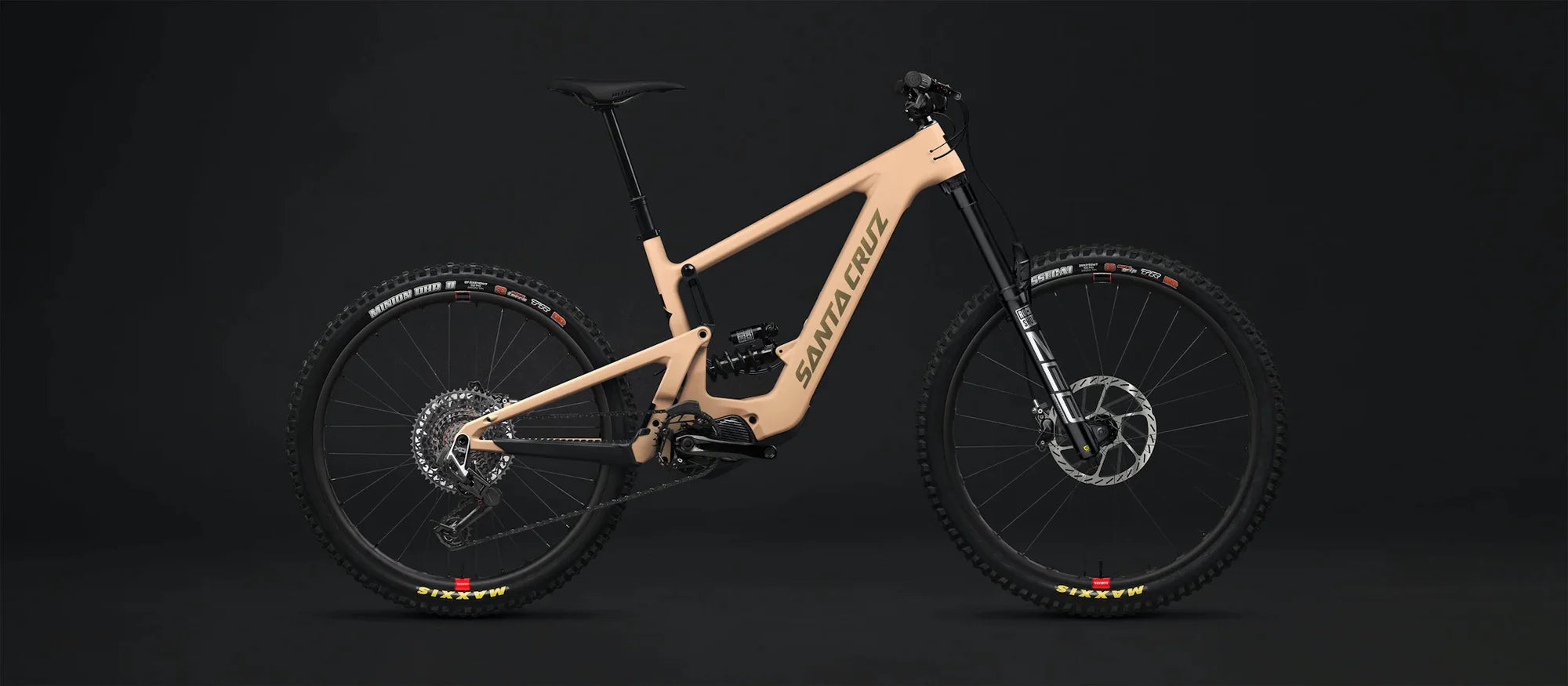 E-Mountainbike Santa Cruz, Modell in Beige, für Offroad-Abenteuer, robustes Rahmen- und Federungsdesign.