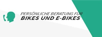 Persönliche Beratung für Bikes und E-Bikes, mit Piktogramm eines telefonierenden Kopfes auf grünem Hintergrund.
