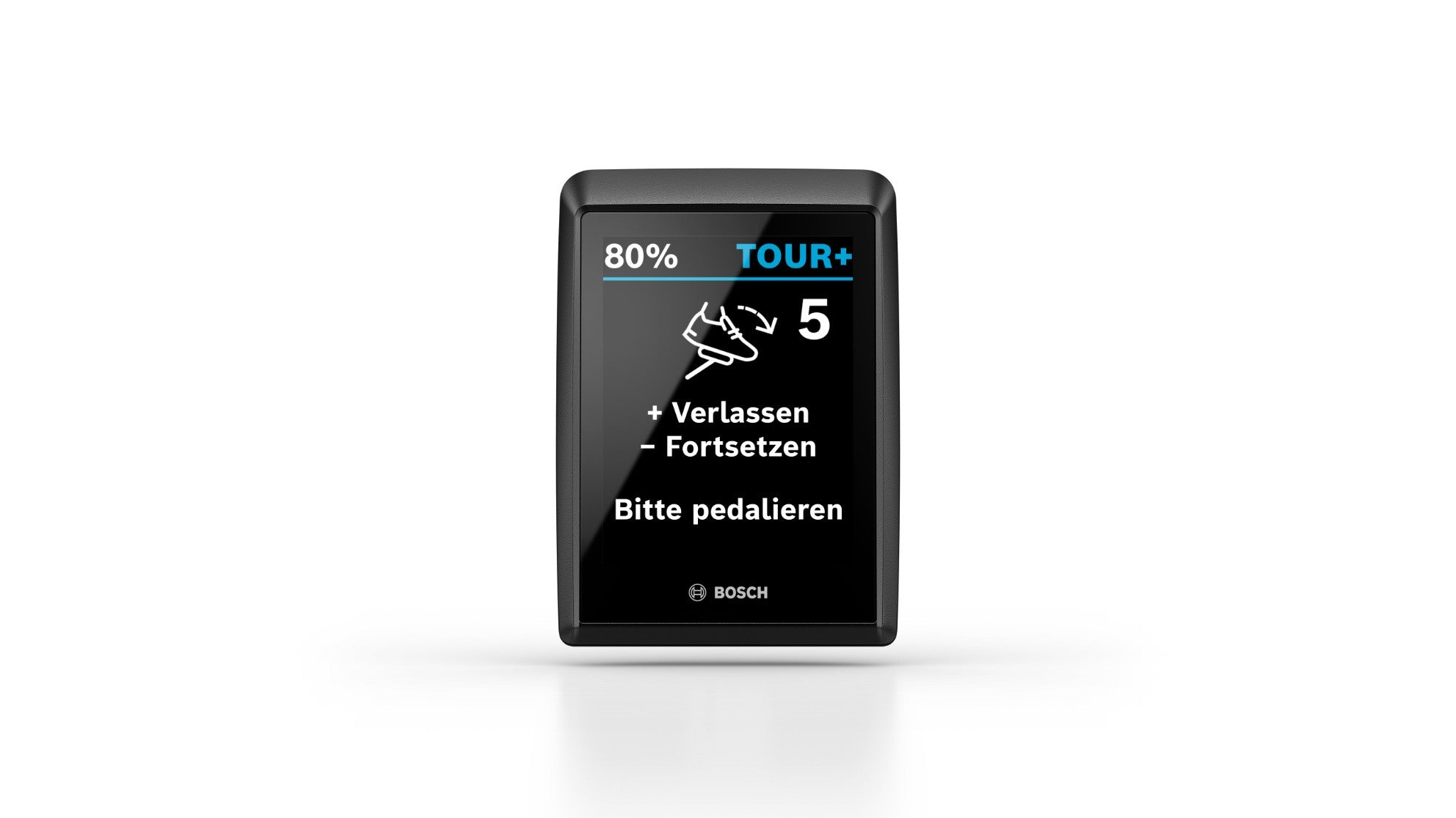Bosch Fahrrad-Display mit Tour+ Modus, Anzeige von Batteriestand, Trittfrequenz-Anweisung und Bedienoptionen.