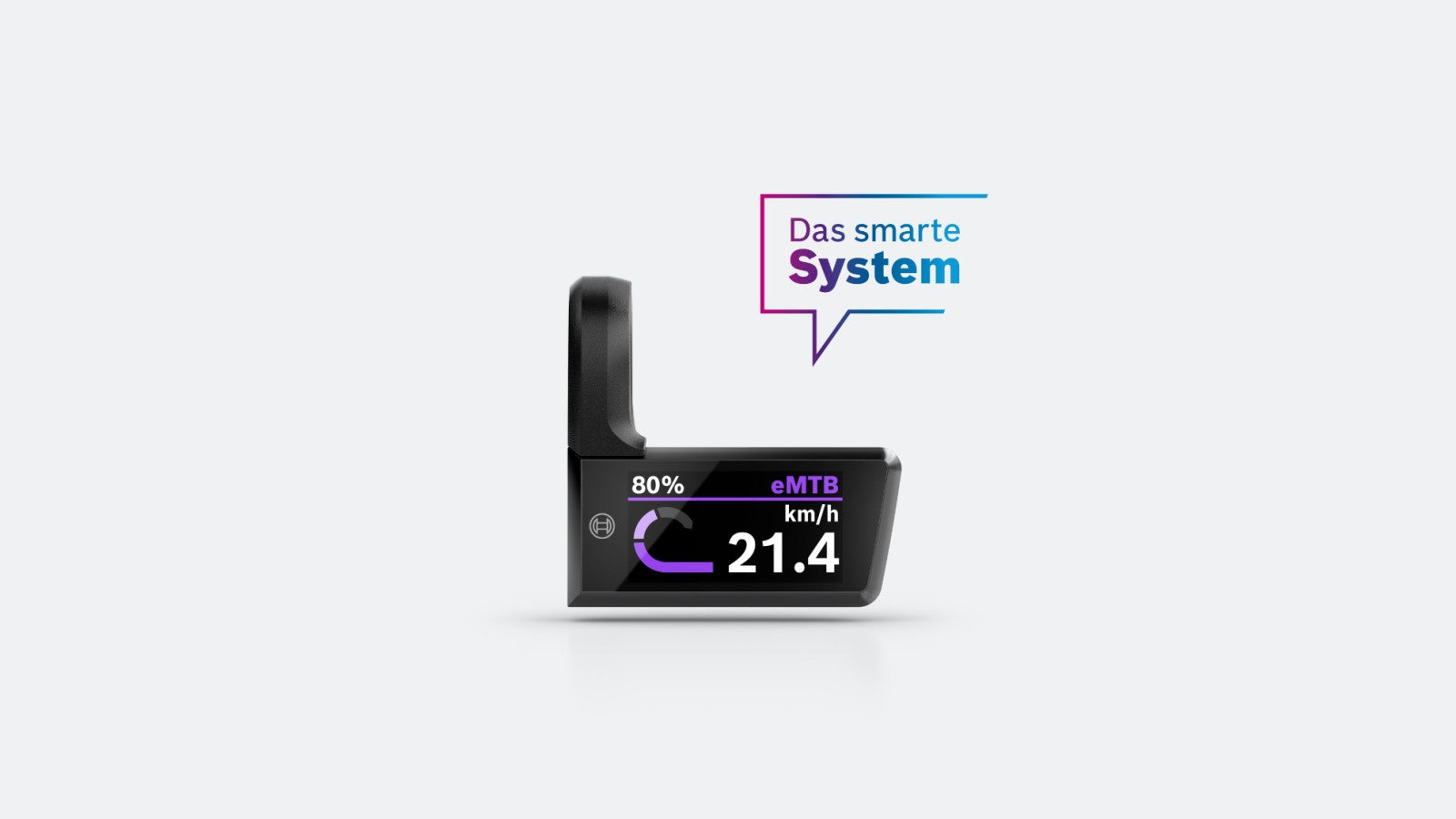 Bosch eBike Display für eMTB, zeigt Batteriestatus und Geschwindigkeit an. Slogan: "Das smarte System".