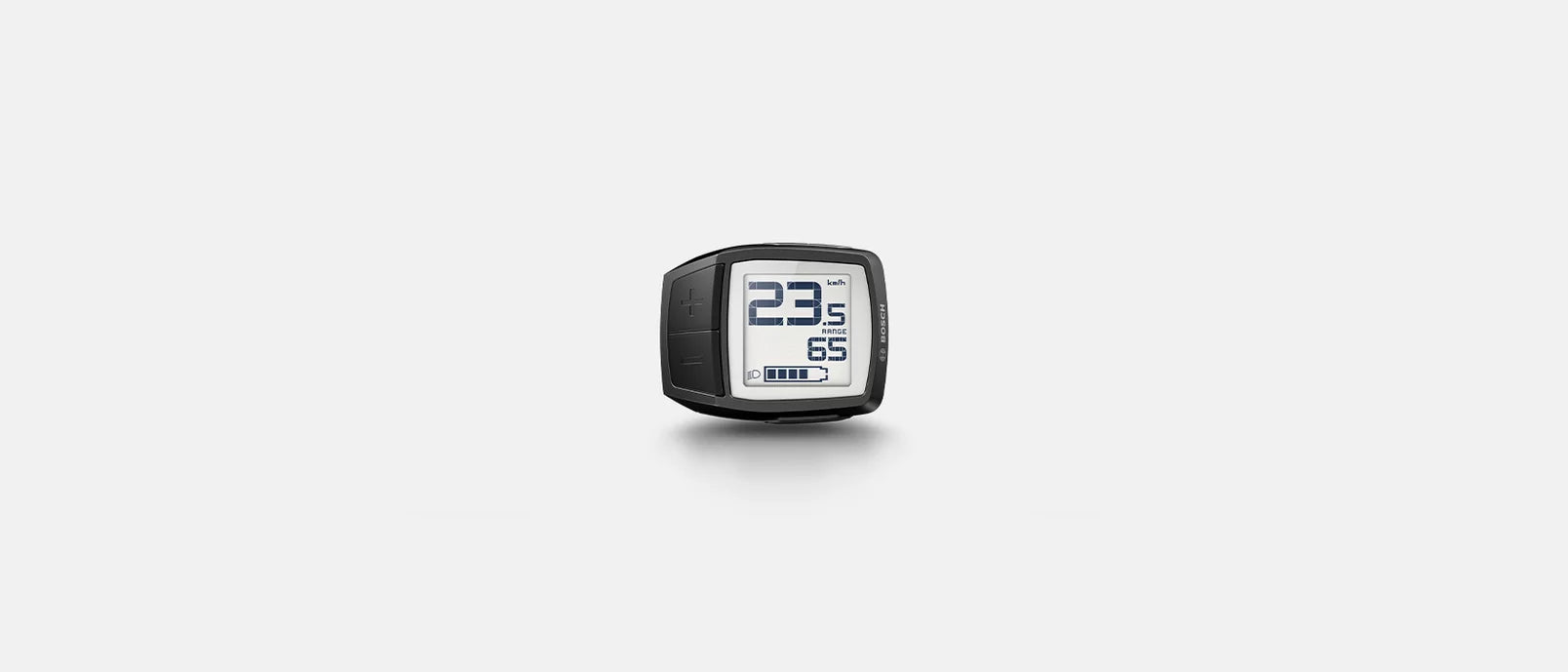 Bosch E-Bike Display, zeigt Geschwindigkeit und Akkustand, mit seitlichen Bedientasten, ideal für E-Bike-Nutzer.