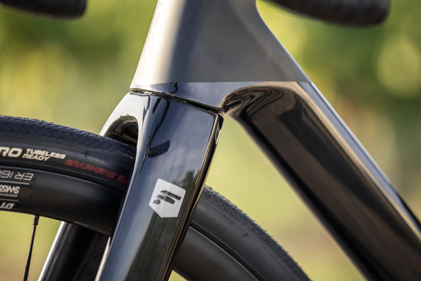 Nahaufnahme eines schwarzen Fahrradrahmens und eines Reifens mit dem Zeichen von Focus Paralane.