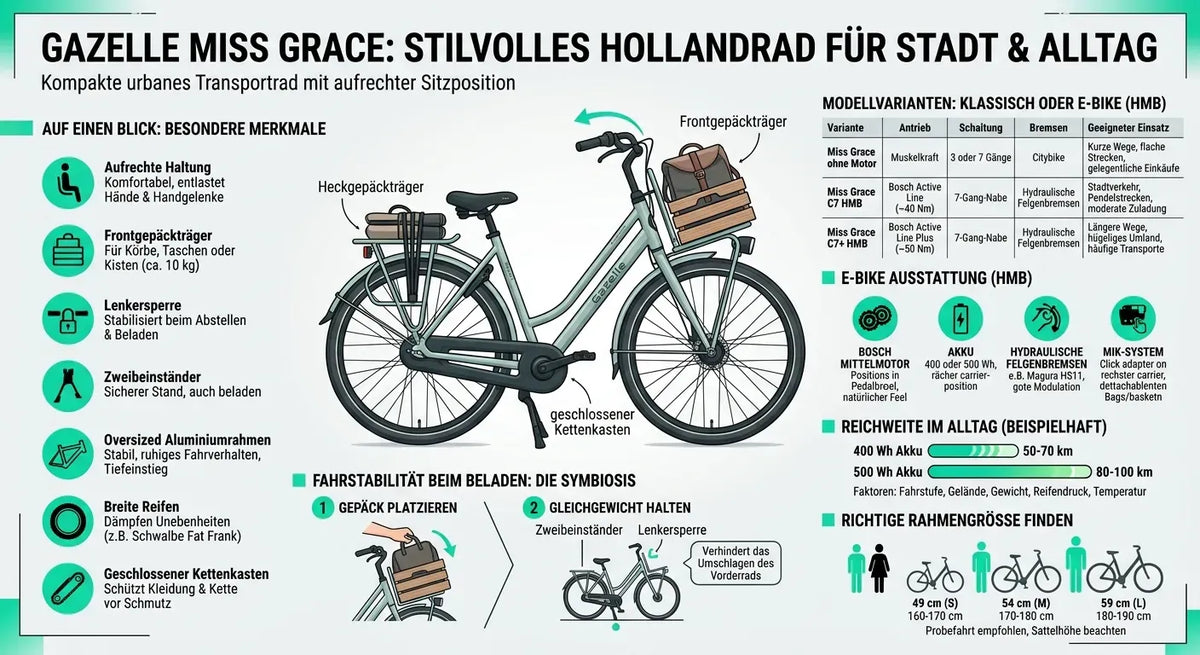 Gazelle Miss Grace, urbanes Design, komfortable Sitzposition, Front- und Heckgepäckträger, E-Bike-Option.