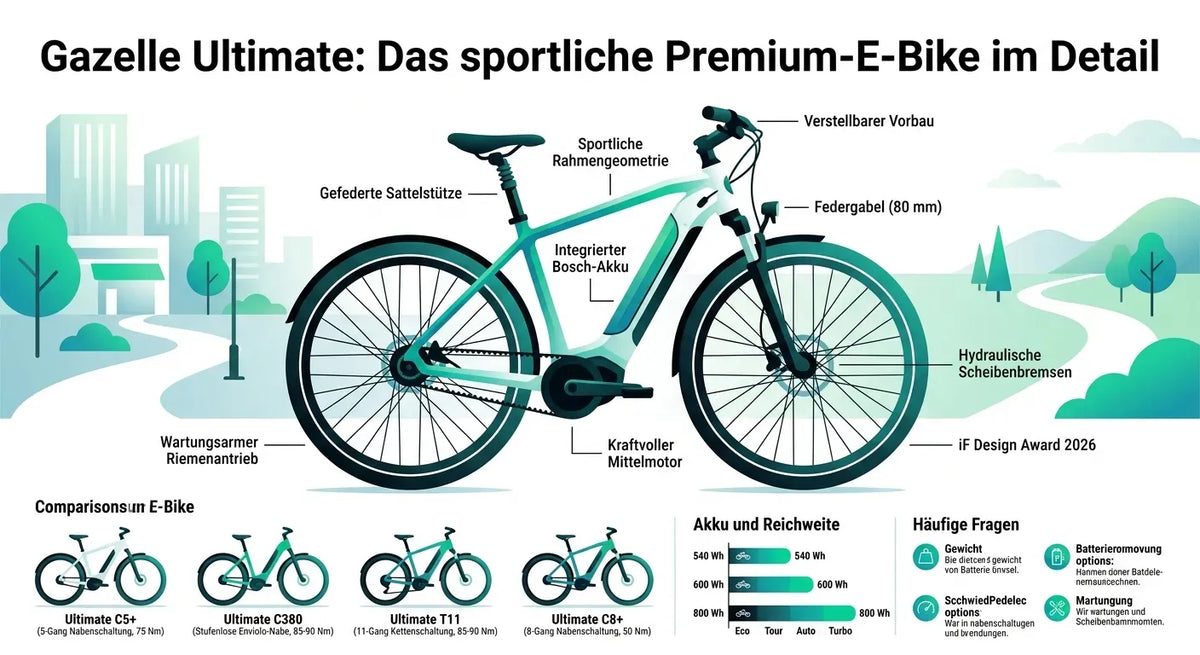 Gazelle Ultimate Premium E-Bike: Sportliches Design, Bosch-Akku, kraftvoller Mittelmotor, hydraulische Scheibenbremsen.
