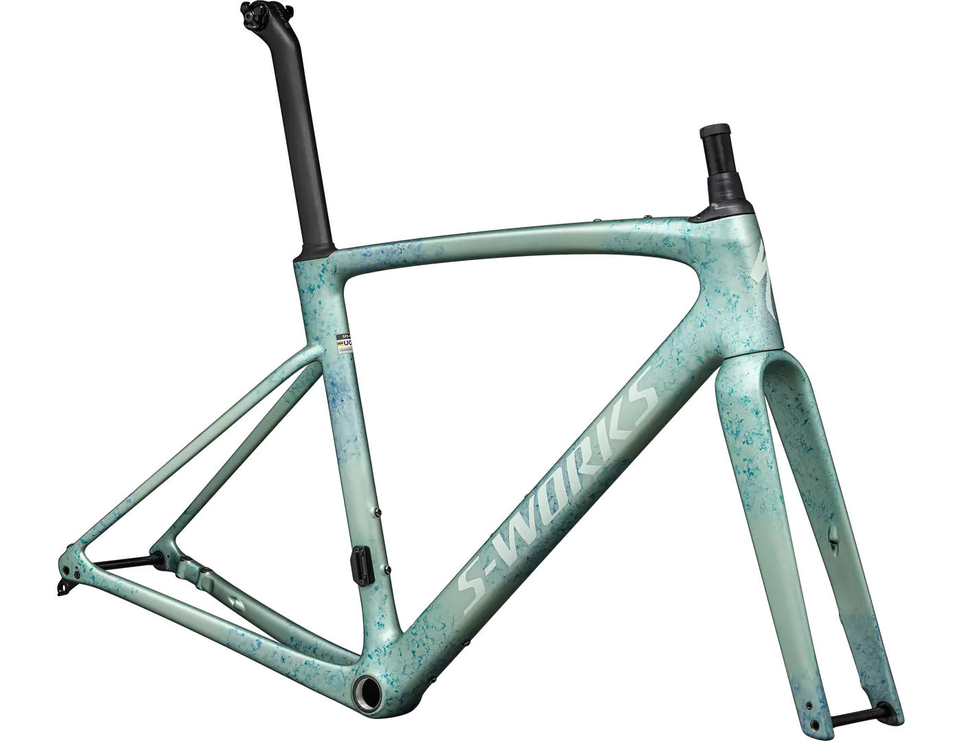 Grüner Specialized S-Works Roubaix Carbon-Rahmen für Rennräder, aerodynamisches Design, ideal für ambitionierte Radfahrer.