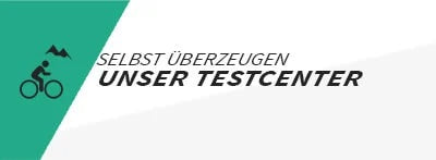 Grafik mit Icon eines Radfahrers und Blitz, Text "Selbst überzeugen: Unser Testcenter".
