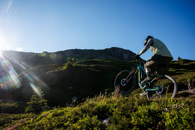 Mountainbiker fährt ein Santa Cruz Hightower Fahrrad bergauf in sonniger, grüner Landschaft.