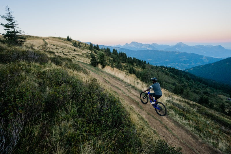 Person fährt Santa Cruz Mountainbike auf einem Bergpfad bei Sonnenaufgang, umgeben von grünen Wiesen und Wald.