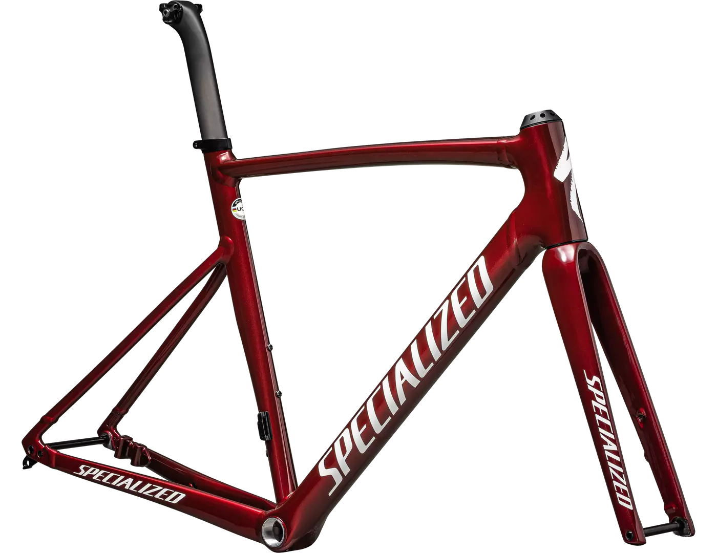 Roter Specialized Allez Fahrradrahmen, geeignet für Rennradsport, mit markantem Design und Logos auf Rahmen und Gabel.
