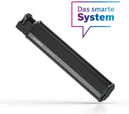 Bosch E-Bike-Akku PowerTube 500, schlankes Design, ideal für Elektrofahrräder. Textelement: "Das smarte System".