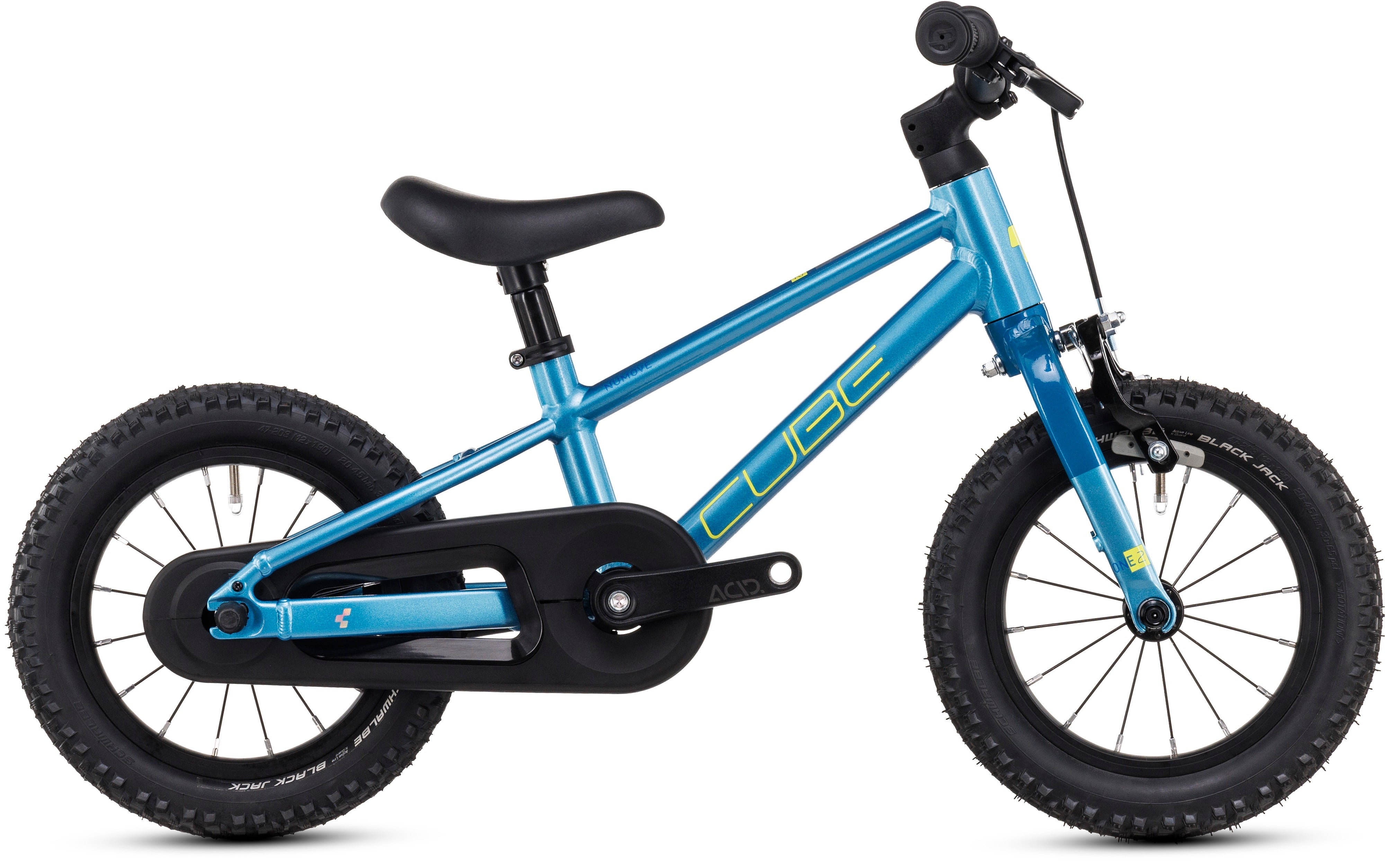 Blaues Kinderfahrrad von Cube, Modell NuMoves, mit dicken Reifen und Schutzblech, ideal für junge Radler.