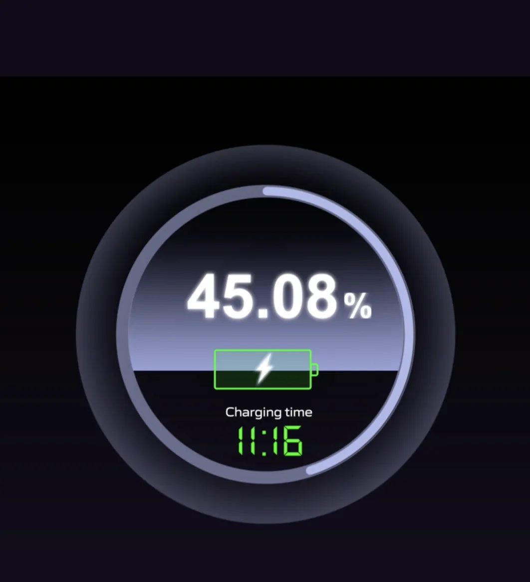 Anzeige eines Akkuladezustands von 45,08 % und Restladezeit von 11:16 Minuten, grüne Batterie-Ikone.