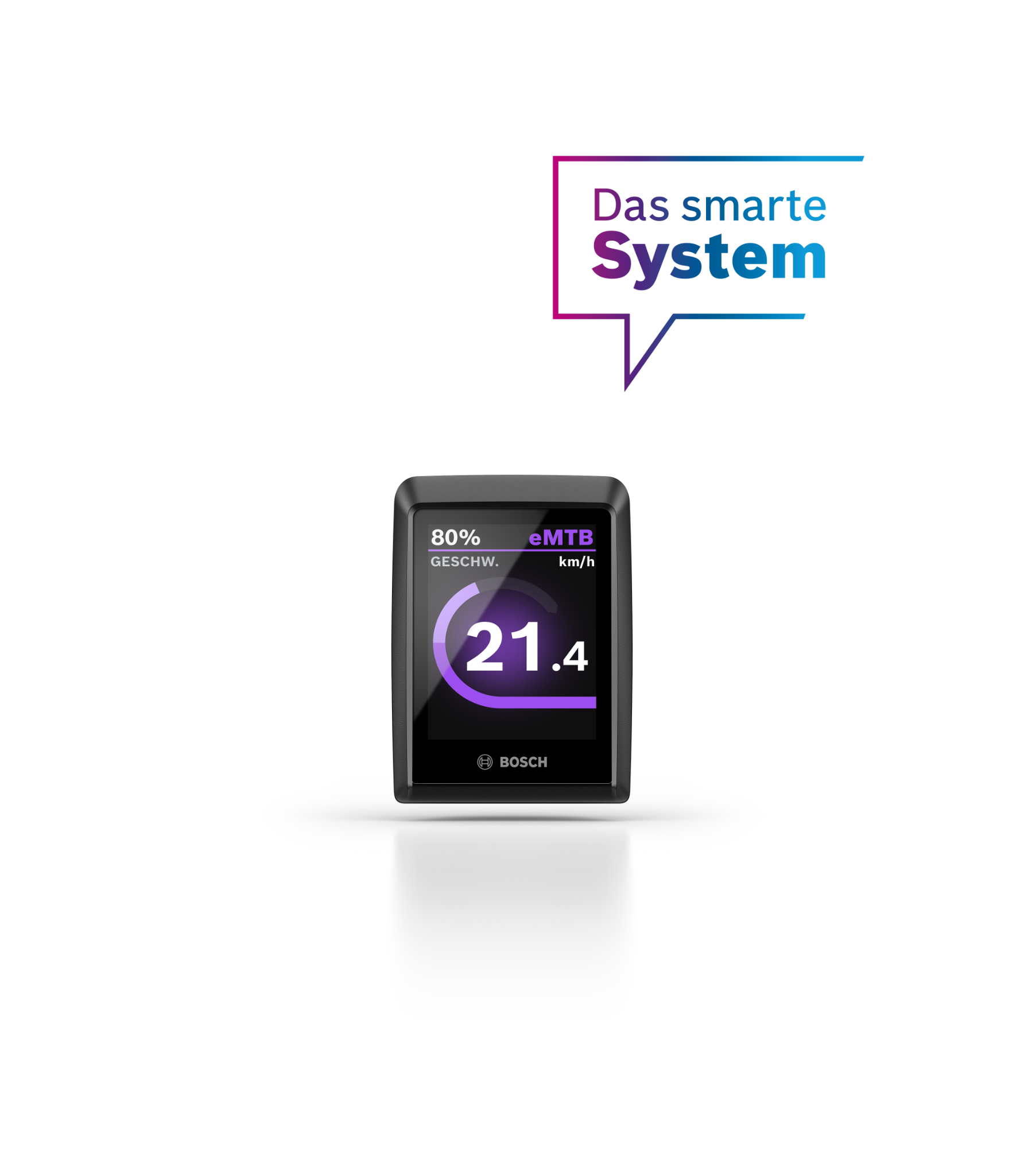 Bosch E-Bike Display zeigt Geschwindigkeit und Modus in km/h, geeignet für eMTB. "Das smarte System" oben rechts.