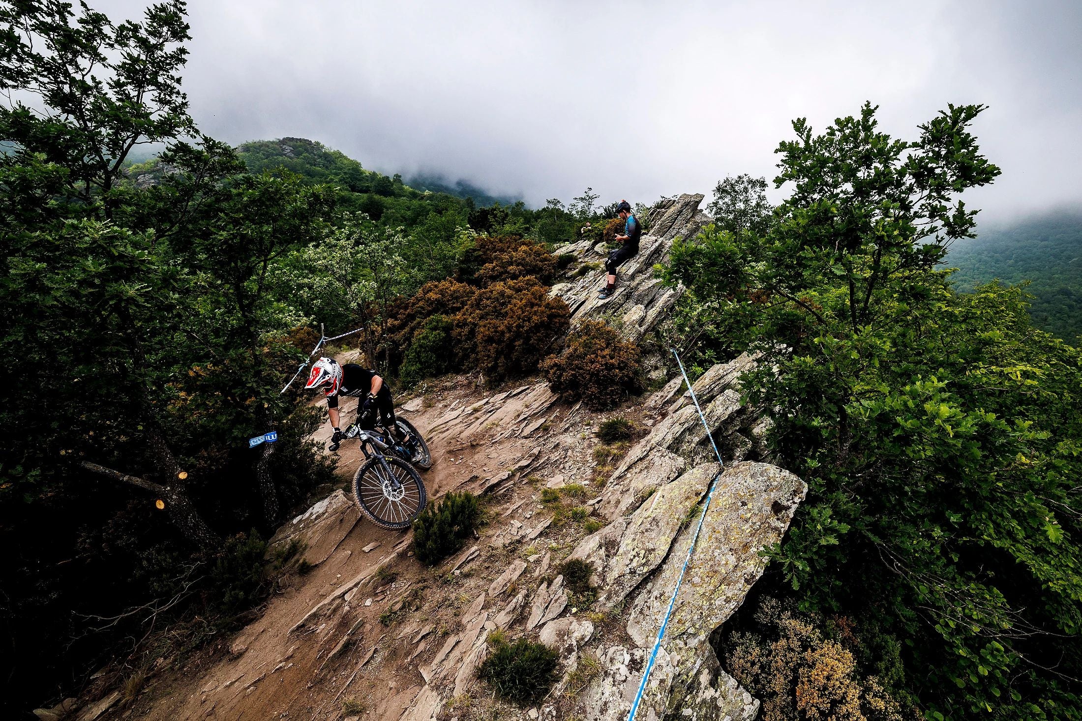 Mountainbiker auf steinigem Trail im Wald mit Cannondale Jekyll. Sportliches Gelände für erfahrene Fahrer.